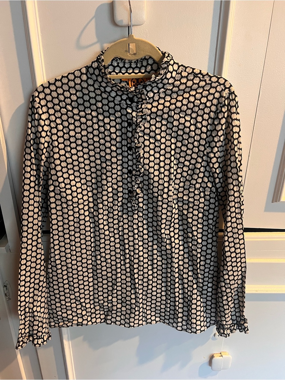 EUC Tory Burch Black and White Polka Dot Ruffle Neck Blouse